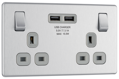 FBS22U3G Front - This completely screwless and slimline flat plate 13A double power socket from British General comes with two USB charging ports, allowing you to plug in an electrical device and charge mobile devices simultaneously without having to sacrifice a power socket.