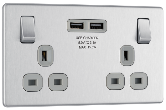 FBS22U3G Front - This completely screwless and slimline flat plate 13A double power socket from British General comes with two USB charging ports, allowing you to plug in an electrical device and charge mobile devices simultaneously without having to sacrifice a power socket.