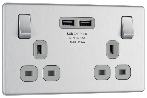 FBS22U3G Front - This completely screwless and slimline flat plate 13A double power socket from British General comes with two USB charging ports, allowing you to plug in an electrical device and charge mobile devices simultaneously without having to sacrifice a power socket.