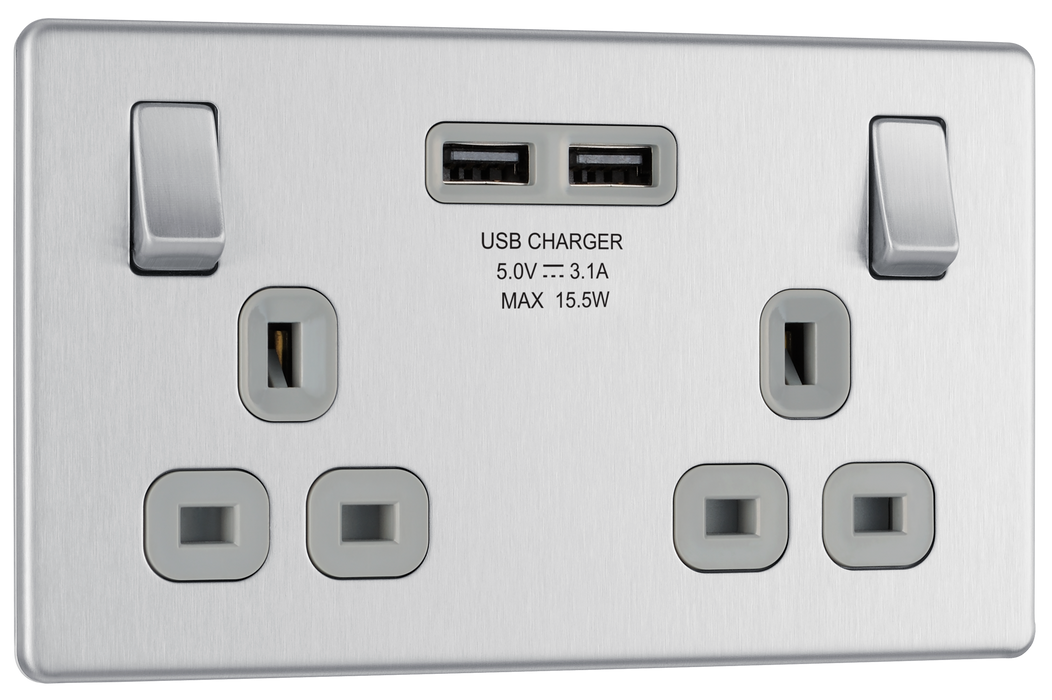 FBS22U3G Front - This completely screwless and slimline flat plate 13A double power socket from British General comes with two USB charging ports, allowing you to plug in an electrical device and charge mobile devices simultaneously without having to sacrifice a power socket.