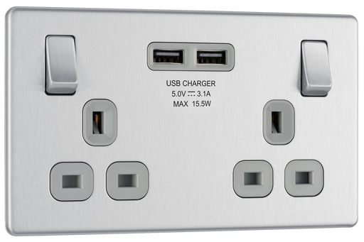 FBS22U3G Front - This completely screwless and slimline flat plate 13A double power socket from British General comes with two USB charging ports, allowing you to plug in an electrical device and charge mobile devices simultaneously without having to sacrifice a power socket.