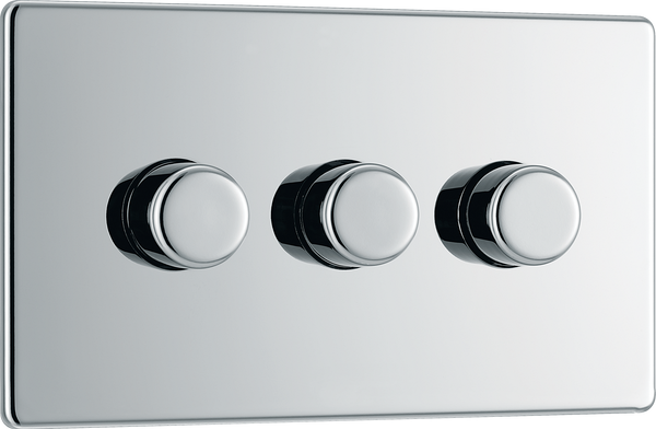 FPC83 Front - This trailing edge triple dimmer switch from British General allows you to control your light levels and set the mood. The intelligent electronic circuit monitors the connected load and provides a soft-start with protection against thermal.