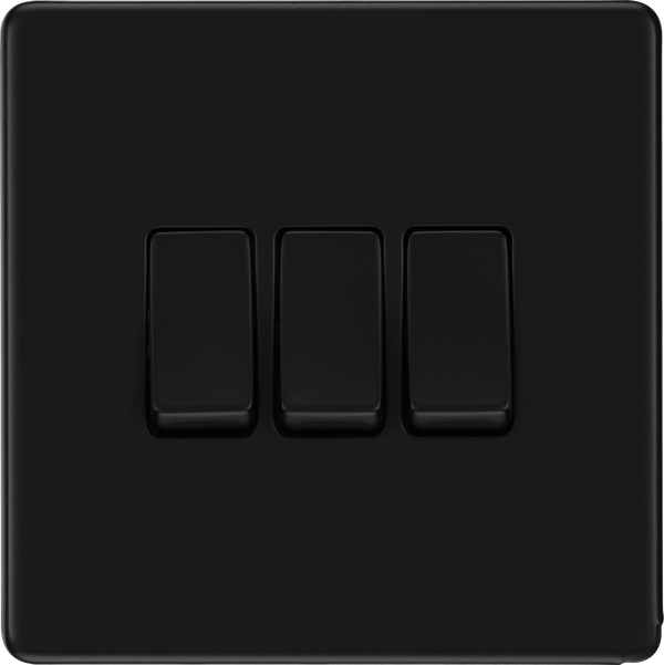 BG Nexus Flatplate Screwless Matt Black Triple Light Switch FFB43 20 Amp