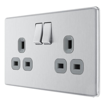 BG Screwless Brushed Steel 13A Double Socket FBS22G with 25mm Steel Back Box