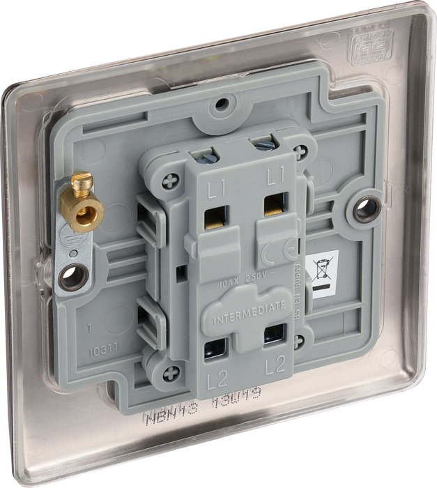 NBN13 Back - This black nickel finish 20A 16AX intermediate light switch from British General should be used as the middle switch when you need to operate one light from 3 different locations such as either end of a hallway and at the top of the stairs.