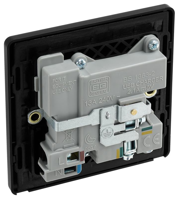 PCDMG21U2B Back - This Evolve Matt Grey 13A single power socket from British General comes with two USB charging ports, allowing you to plug in an electrical device and charge mobile devices simultaneously without having to sacrifice a power socket.