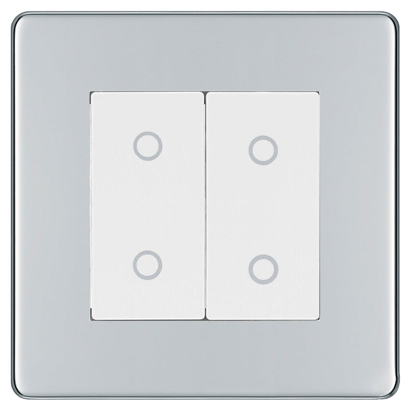 BG Nexus Screwless Polished Chrome Double Master Touch Dimmer Switch White Inserts FPCTDM2W