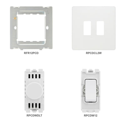 BG Evolve Pearlescent White 2 Gang Light Switch 1x Dual Mode LED Dimmer 1x 2 Way Custom Switch