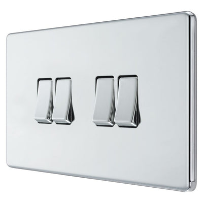 BG Screwless Polished Chrome 20A 16AX 2 Way Quadruple Light Switch FPC44 with 25mm Steel Back Box