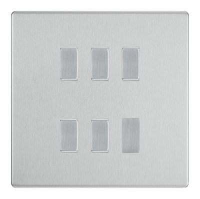 BG Brushed Steel Screwless 5 Gang Intermediate Custom Grid Light Switch with Back Box Included by British General (BG-SCL-BS-5G-CUSTOM-5xINT-SWITCH)