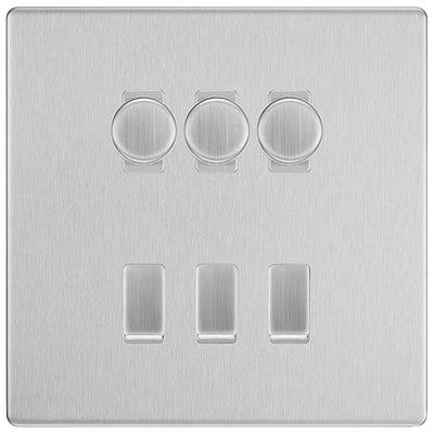 BG Screwless Brushed Steel 6 Gang Switch 3x Trailing Edge LED Dimmer 3x Intermediate Custom Grid Switch by British General (BG-SCRL-BS-6G-CUSTOM-3x-Dimmer-3x-INT)