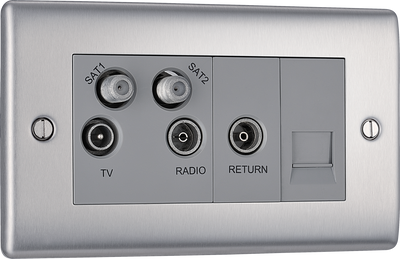 BG NBS69 Nexus Quadplex Tv/fm/sat (X2)+return & 1 Gang Tel-screened Brushed Steel