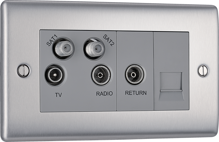 NBS69 Front - This screened Quadplex socket from British General has an outlet for TV FM and 2 satellites, plus a return and shuttered telephone socket.