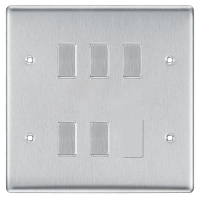 BG Brushed Steel 5 Gang Intermediate Custom Grid Light Switch Back Box Included by British General (BG-NEXUS-BS-5G-CUSTOM-5x INT SWITCH)