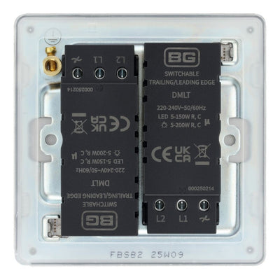 BG Screwless Brushed Steel 200W 2 Way Double Trailing Edge Dimmer Switch FBS82 with 25mm Steel Back Box