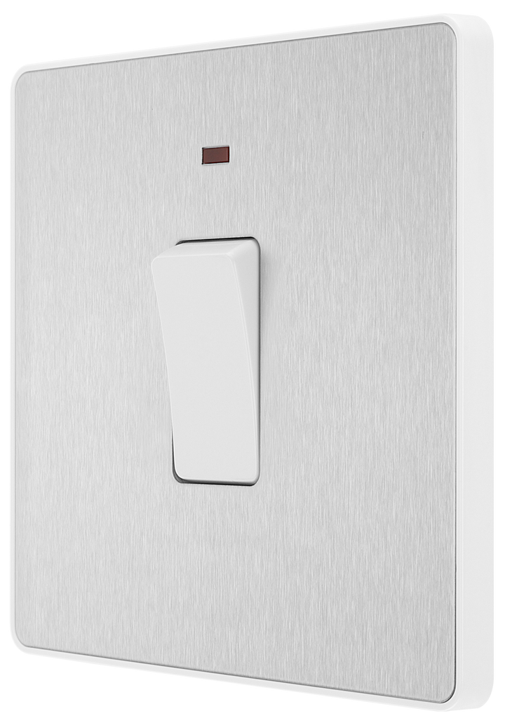 PCDBS31W Side - This Evolve Brushed Steel 20A double pole switch with indicator from British General has been designed for the connection of refrigerators, water heaters, central heating boilers and many other fixed appliances.