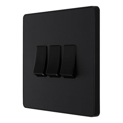 BG Evolve Matt Black 3 Gang 20A 16AX 2 Way Light Switch PCDMB43B with 35mm Steel Back Box