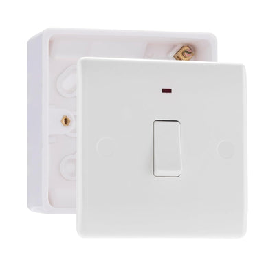 BG Nexus 1 Gang 20A 2 Pole Neon Switch White & 32mm Pattress Back Box by British General (BG-831+891)