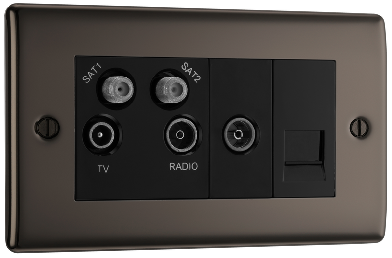BG NBN69 Nexus Metal Black Nickel 4 Gang 1x TV 1x FM 2x Satellite 1x Telephone Screened Quadplex Socket Outlet