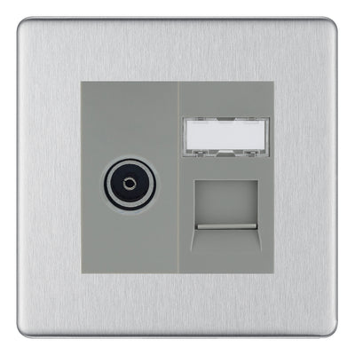 BG Screwless Brushed Steel TV Aerial & RJ45 CAT6 Data Socket - Grey Insert by British General