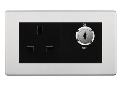 BG Screwless Brushed Steel 13A Double Pole Key Controlled Socket – Black Inserts