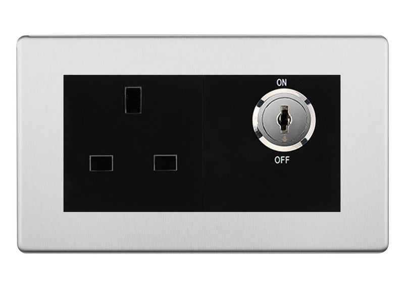 BG Screwless Brushed Steel 13A Double Pole Key Controlled Socket – Black Inserts