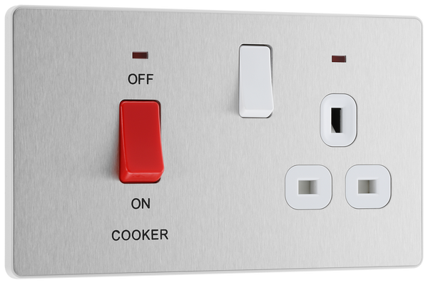 PCDBS70W Front - This Evolve Brushed Steel 45A cooker control unit from British General includes a 13A socket for an additional appliance outlet, and has flush LED indicators above the socket and switch.