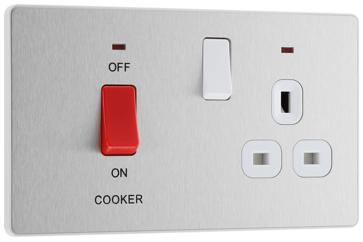 PCDBS70W Front - This Evolve Brushed Steel 45A cooker control unit from British General includes a 13A socket for an additional appliance outlet, and has flush LED indicators above the socket and switch.