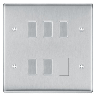 BG Brushed Steel 5 Gang 2 Way Custom Grid Light Switch with Back Box Included by British General (BG-NEXUS-BS-5G-CUSTOM-LIGHT-SWITCH)