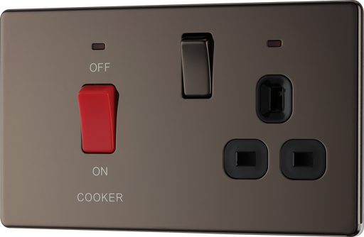  FBN70B Front - This 45A cooker control unit from British General includes a 13A socket for an additional appliance outlet and has flush LED indicators above the socket and switch.