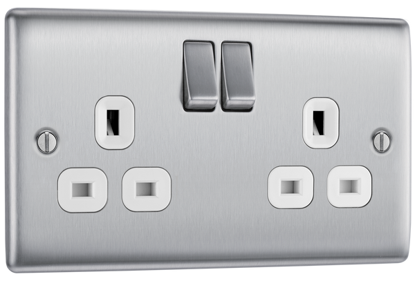 NBS22W Front - This brushed steel finish 13A double switched socket from British General has a sleek and slim profile with softly rounded edges, anti-fingerprint lacquer and no visible plastic around the switches for a luxurious finish