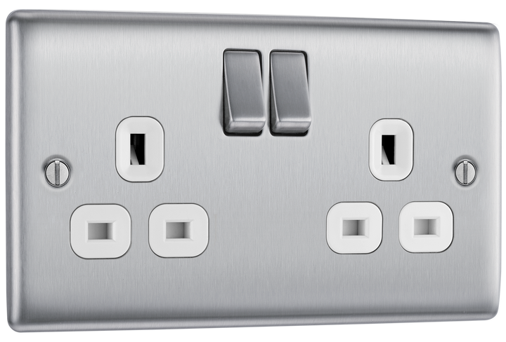 NBS22W Front - This brushed steel finish 13A double switched socket from British General has a sleek and slim profile with softly rounded edges, anti-fingerprint lacquer and no visible plastic around the switches for a luxurious finish