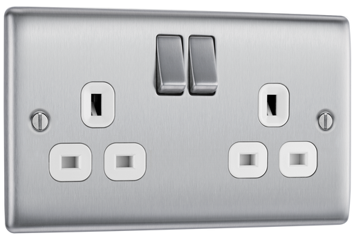 NBS22W Front - This brushed steel finish 13A double switched socket from British General has a sleek and slim profile with softly rounded edges, anti-fingerprint lacquer and no visible plastic around the switches for a luxurious finish