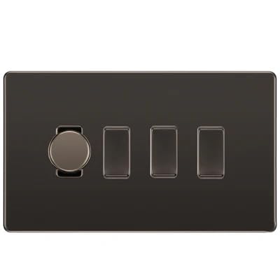 BG Screwless Black Nickel 4 Gang Switch 1x Trailing Edge LED Dimmer 3x Intermediate Custom Grid Switch by British General (BG-SCRL-BN-4G-CUSTOM-1x-Dimmer-3x-INT)