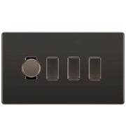 BG Screwless Black Nickel 4 Gang Switch 1x Trailing Edge LED Dimmer 3x Intermediate Custom Grid Switch by British General (BG-SCRL-BN-4G-CUSTOM-1x-Dimmer-3x-INT)