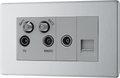 BG FBS69 Flatplate Screwless Quadplex TV/FM/Sat socket (x2) + Return & 1 gang Tel. - Screened Brushed Steel - Grey Insert