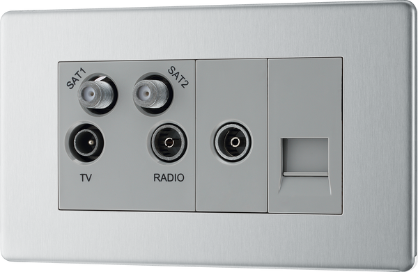 BG FBS69 Flatplate Screwless Quadplex TV/FM/Sat socket (x2) + Return & 1 gang Tel. - Screened Brushed Steel - Grey Insert