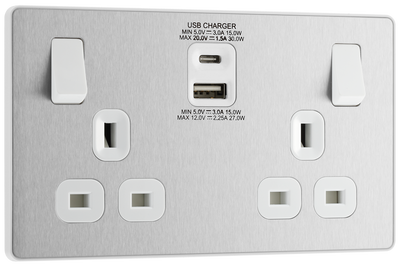 PCDBS22UAC30W Front - This Evolve Brushed Steel 13A power socket from British General with integrated fast charge USB-A and USB-C ports delivers a 50% charge to mobile phones in just 30 minutes.