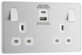 BG PCDBS22UAC30W Brushed Steel Evolve 2 Gang 13A 1x USB-QC A 27W 1x USB-PD C 30W Switched Socket - White Insert