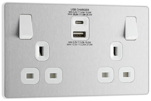 PCDBS22UAC30W Front - This Evolve Brushed Steel 13A power socket from British General with integrated fast charge USB-A and USB-C ports delivers a 50% charge to mobile phones in just 30 minutes.