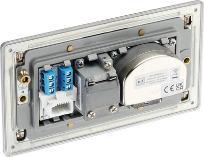 BG FBS69 Flatplate Screwless Quadplex TV/FM/Sat socket (x2) + Return & 1 gang Tel. - Screened Brushed Steel - Grey Insert