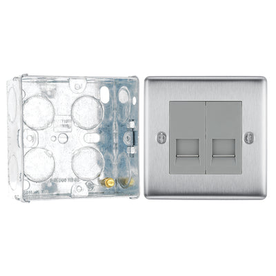 BG Nexus Brushed Steel Double Slave Telephone Socket NBSBTS2 with 35mm Steel Back Box