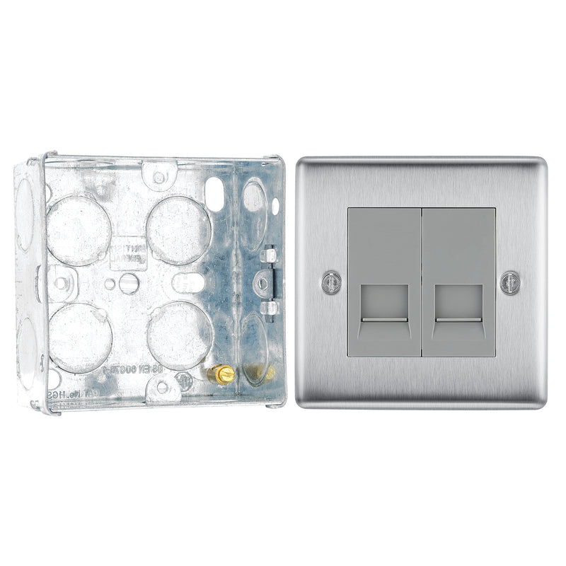 BG Nexus Brushed Steel Double Slave Telephone Socket NBSBTS2 with 35mm Steel Back Box