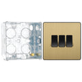 BG Evolve Satin Brass 3 Gang 20A 16AX 2 Way Light Switch PCDSB43B with 35mm Steel Back Box
