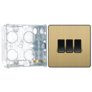 BG Evolve Satin Brass 3 Gang 20A 16AX 2 Way Light Switch PCDSB43B with 35mm Steel Back Box