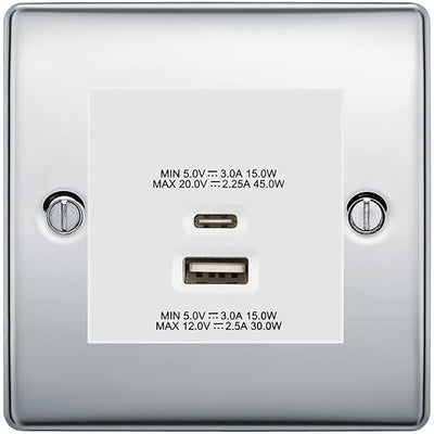 BG Nexus Polished Chrome 45W USB Wall Socket Euro Module USB-A & C-White Insert