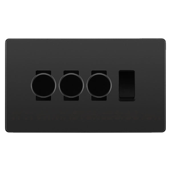 BG Evolve Black Chrome 4 Gang Light Switch 3x Trailing Edge LED Dimmer 1x 2 Way Custom Switch