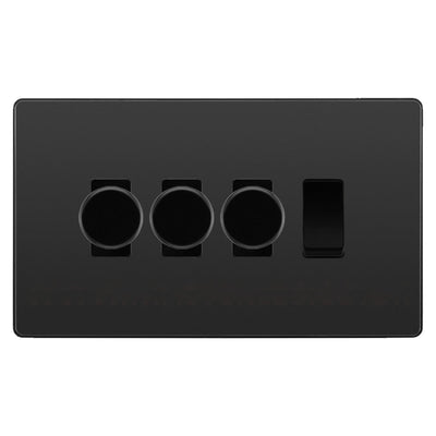 BG Evolve Black Chrome 4 Gang Light Switch 3x Trailing Edge LED Dimmer 1x 2 Way Custom Switch by British General (Evolve-BC-CUSTOM-4GANG-3x-DIMMER-1x-2WAY)