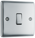 NPC12 Front - This polished chrome finish 20A 16AX single light switch from British General will operate one light in a room. The 2 way switching allows a second switch to be added to the circuit to operate the same light from another location (e.g. at the top and bottom of the stairs). This switch has a sleek and slim profile.