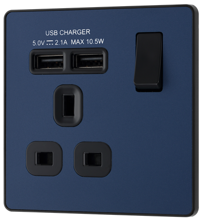 PCDDB21U2B Front - This Evolve Matt Blue 13A single power socket from British General comes with two USB charging ports, allowing you to plug in an electrical device and charge mobile devices simultaneously without having to sacrifice a power socket.